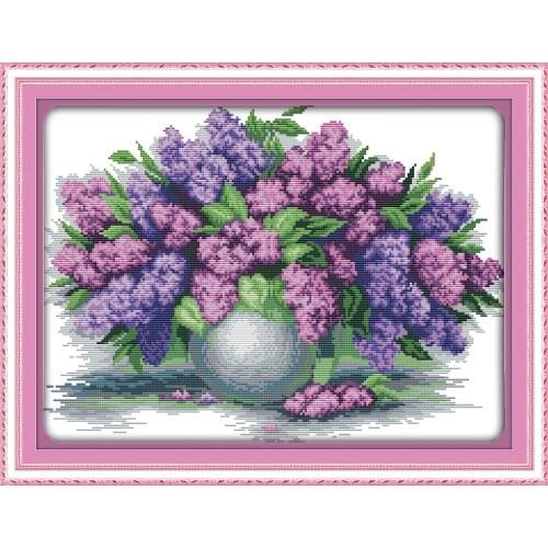 Free shopping Lavender vase Cross Stitch Kits Flowers Printed patterns canvas Room Embroidery Needlework set Easy Handmade