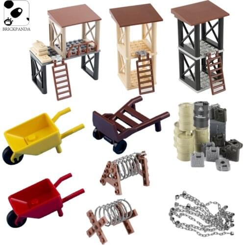 WW2 Military Sentry Lookout Building Blocks Weapon Parts City Barricade Chain Coconut Tree Stroller Cute Children Model Toys