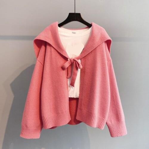 Sweet style knittec cardigan for winter 2020 new turn-down collar long-sleeved loose solid casual outwear coat tops