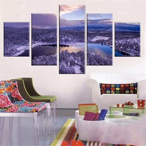 Canvas Wall Art 5 Piece Paintings Forest Snow Mountain Posters Scenery Pictures Home Modern Room Decor Living Room Decoration