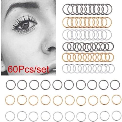 60Pcs/Set 10-12mm Cartilage Piercing Small Nose Ring Hoop Septum Rings For Women Men Mixed Color Piercing Earrings Set Jewelry