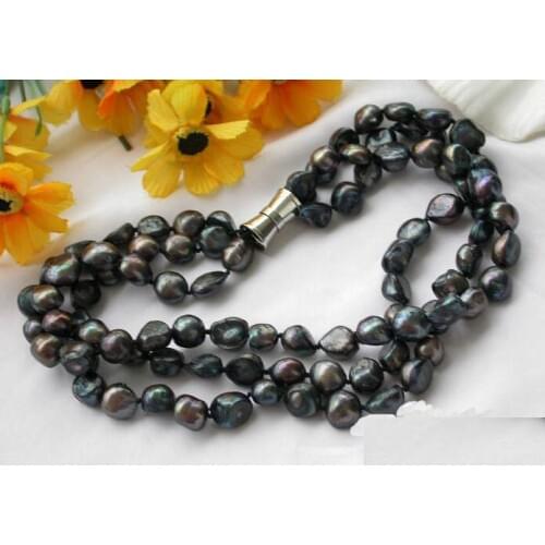 3Rows AA 9-13MM Black Baroque Freshwater Cultured Pearl Necklace,Magnet Clasp,Perfect Women Wedding Birthday Party Gift