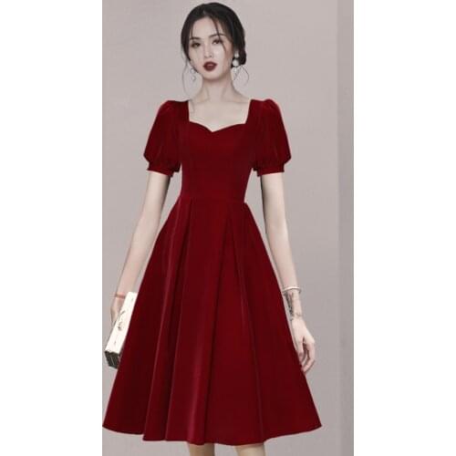 2020 Spring Autumn Elegant Red Velvet Dresses Womens Square collar Short Sleeve Vintage High Waist chic Midi Dress Vestidos