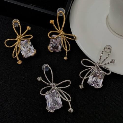QTT Luxury Female White Stone Earrings Fashion Silver Gold Wedding Jewelry Vintage Bow Design Earrings For Women