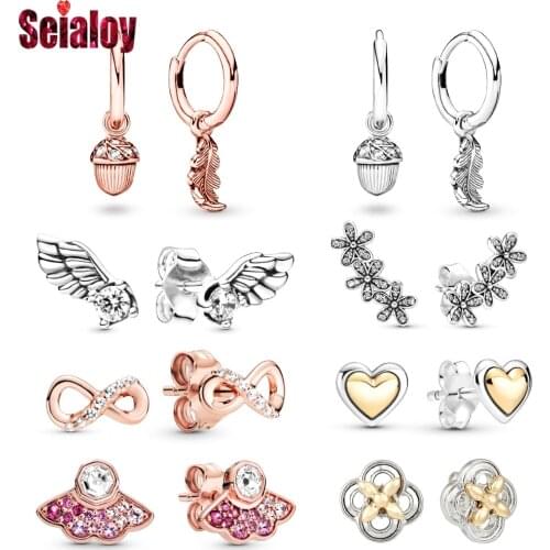 Seialoy Rose Gold Acorns & Fallen Leaves Earrings For Women Girl Original Angel Wings Fan & Chrysanthemum Stud Earrings Jewelry