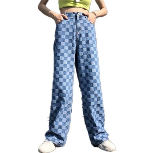 2021 Streetwear Blue Straight Jeans Women Joggers Baggy Vintage Denim Pants Fashion Low Waist Harajuku Pocket Plaid Jeans