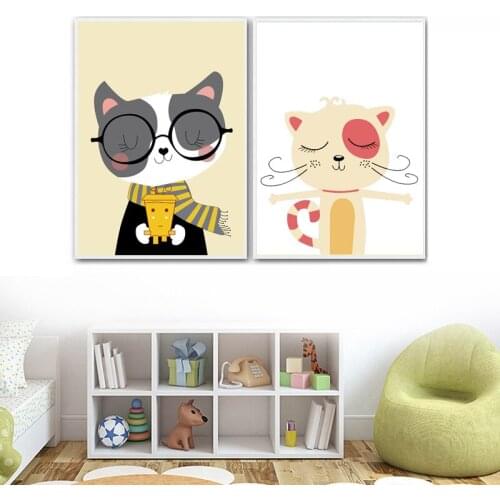 Nordic Cartoon Cute Relaxing Glasses Cat Canvas Painting Nursery Room Wall Art Posters and Prints Pictures Kids Bedroom Decor