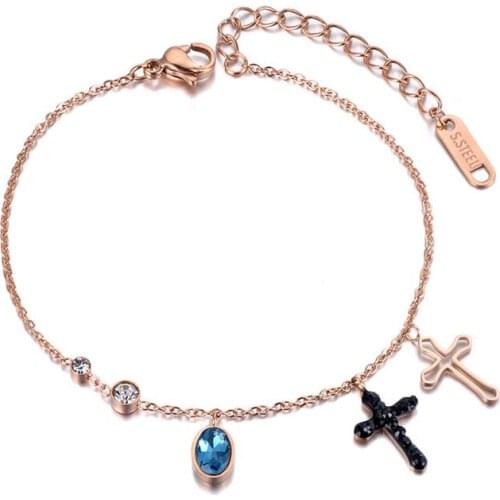 Cubic Zirconia Cross Charm Bracelet Bangle For Women Stainless Steel Link Chain Bohemia Summer Beach Jewelry B19023