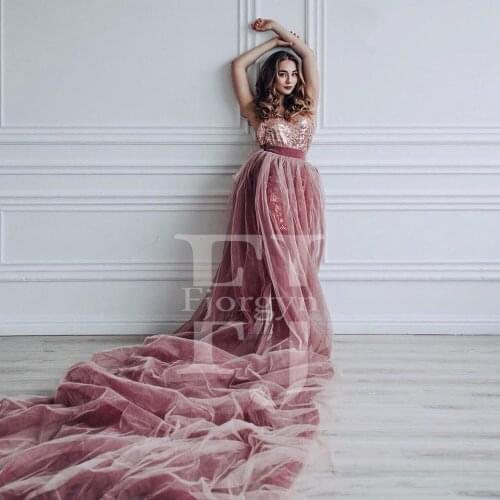Two Piece Custom Made Sequins and Tulle Woman Formal Party Dresses Long Train Side Split Skirt for Photograph Summer Dress Robes