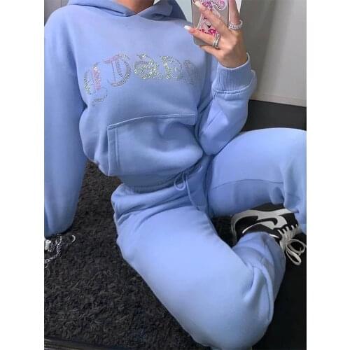 Winter Velvet Jacket and High Waist Tracksuit Joggers Two Piece Set with Diamante Rhinestones Jogging Suits y2k Women Hoodies