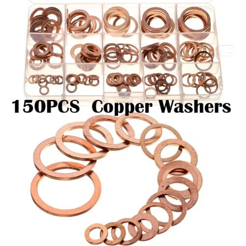 150pcs 15Sizes Assorted Seal Flat Ring Gasket Set Plug Washer M6/M8/M10/M12/M14/M16/M18/M20/M22 Solid Copper Crush Washers Kit