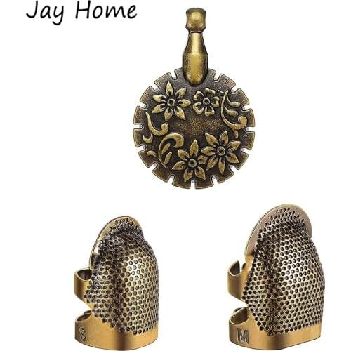 2Pcs Metal Sewing Thimbles with 1 Yarn Thread Cutter Adjustable Sewing Thimble Rings Finger Protector for DIY Craft Sewing Tools