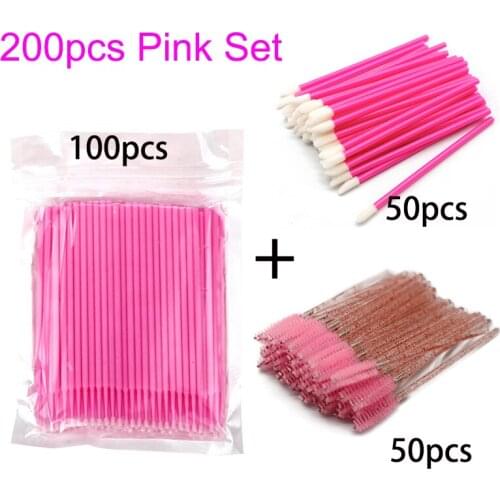 200PCS Pink Mascara Wands Lip Gloss Wand Brush and Eyelash Cleaning Micro Applicator Set 3 In 1 Eye Lash Makeup Tools In Bundle