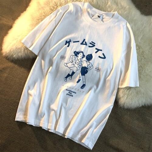 American Vintage White Harajuku Tees Plus Size Loose Cotton Shirts Short Sleeve Japanese Fashion Funny Keep Pure T shirts