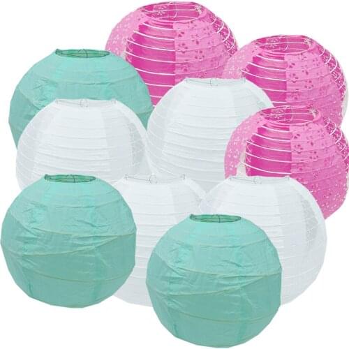 10 Pcs White Rose Mint Green Eyelet Lace Look Pape Lantern 12 Inch Hollow Out Chinese Rond Ball for Wedding Baby Shower Decor