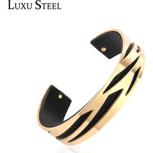 LUXUSTEEL Stainless Steel Cuff Bracelets 2019 New Arrivals Gold Color Leather Bangles For Women Accessories Party Gift