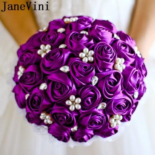 JaneVini Brooch Diamond Purple Rose Flowers Pearl Royal Blue Bridal Bouquets Jewelry Crystal Fake Bride Bouquet for Wedding 2019
