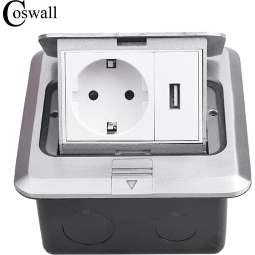 Coswall All Aluminum Silver Panel Pop Up Floor Socket 16A Russia Spain EU Standard Power Outlet With USB Charging Port 5V 1A