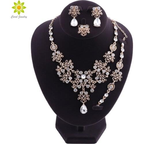 Dubai Jewelry Sets Flower Crystal Necklace Earrings Bracelet Ring Set for Women African Bridal Wedding Jewelry Sets
