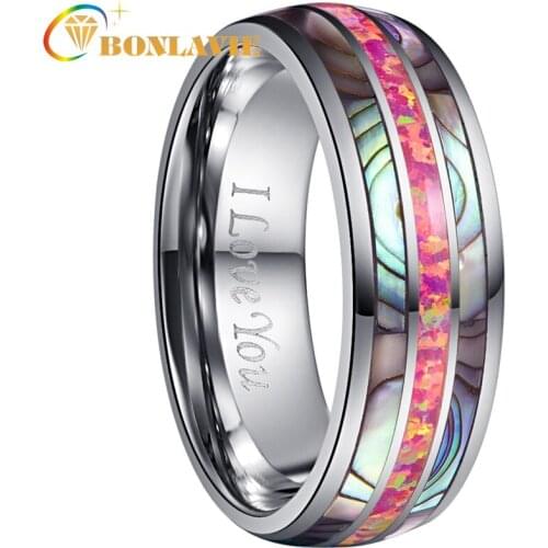 BONLAVIE Tungsten Carbide Ring 8mm Wide Dome Steel Inlaid with Two Acacia + Deep Magenta Opal Tungsten Steel Ring Wedding Band