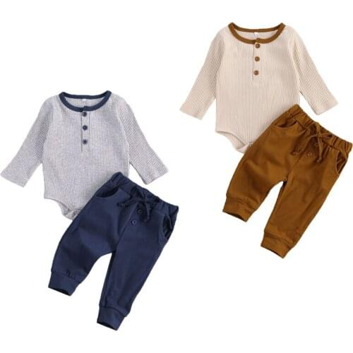 Baby Boy Casual Crew Neck Button Long Sleeve Romper Solid Color Drawstring Pocket Pants Fall Winter Boys Clothes Outfit 2PCS Set