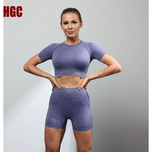 HGC Yoga Set 2 Piece Women Sportwear Gym Short And Top Short Sleeve Elastic Push-up Fitness Suit Workout Clothes Sports Wear