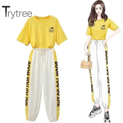 Trytree 2020 Summer Two Piece Set Casual O-neck Letter Yellow T-shirt Top+ Pants Elastic Waist Lace up White Set 2 Piece Set