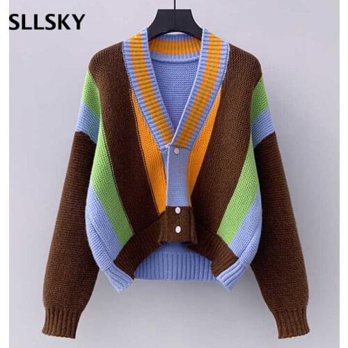 SLLSKY Short Women Sweater Knitted Cardigan Hit Color Long Sleeve V-neck Loose Sweater Wild Casual 2021 Autumn Fashion Cardigan