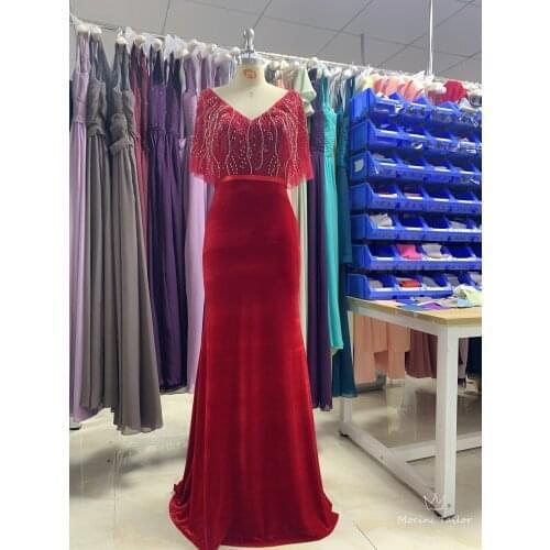 Beau Red Hot Velvet Evening Dress 2021 new color Sewing Beading luckgirls Ruched Customizable fashion prom dress Mocini Tailor