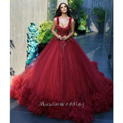 Red Puffy Prom Dresses Spaghetti Appliqued Lace Beads Ruffles Tulle Chic Evening Dresses Sweep Train Custom Made Muslim Formal