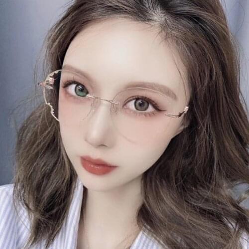 0~1000 Round Female Eye Glasses Lens Diamond Trimmed Rimless Spectacle Reading Frames Women Sunglasses Tint Lenses