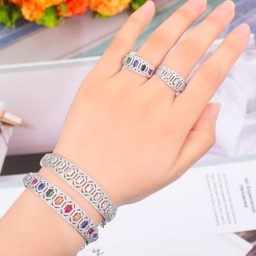 LARRAURI 2PCS Bracelets/Ring Luxury Cubic Zirconia Open Bangle Resizable Rings Trendy Girls Women Patry Wedding Jewelry Sets