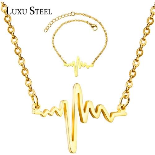 LUXUSTEEL Nurse Accessories Gold Color Heart Beat Pendant Necklace Earrings Brinco Party Stainless Steel Chains Jewelry Sets