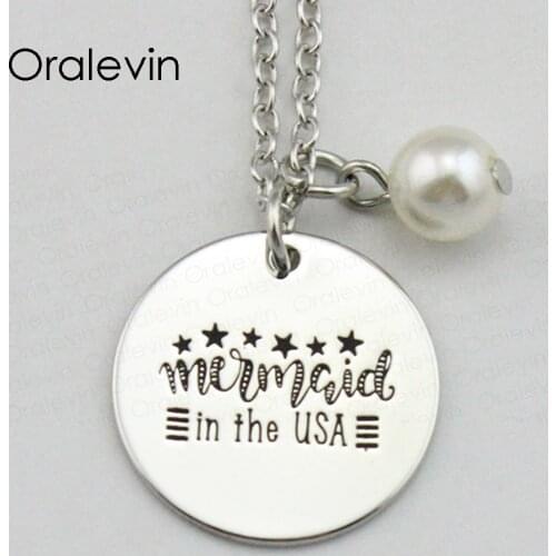 Fashion MERMAID IN THE USA Inspirational Hand Stamped Engraved Custom Pendant Chain Necklace Gift Jewelry,10Pcs/Lot, #LN1948
