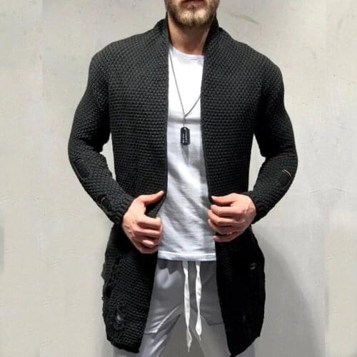 Autumn Winter Fashion Knitted Pocket Turn-down Collar Long Outerwear Men Casual Long Sleeve Solid Cardigan 2021 Coat Streetwear