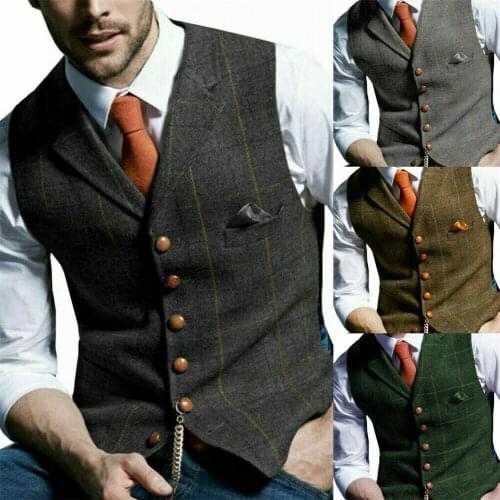 Men Retro Tweed Waistcoat Plaid Slim Fit Formal Wool Blend Herringbone Suit Vest
