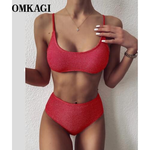 OMKAGI Bikini Solid Swimwear Women Swimsuit Wear 2021 Squre Collar High Waist Summer Bikini Set Beach Biquini Swimsuit Female