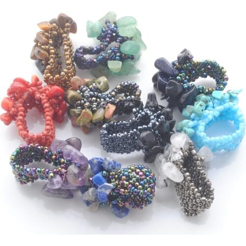 Wholesale 10Pcs/Lot Fashion Jewelry Resizable Rings Stone Chip Beads Weave Stretch Finger Ring US 6~9 Flourite Amethysts QBJ302
