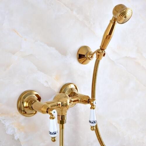 Luxury Gold Brass Wall Mounted Bathroom Faucet With Hand Held Shower Head Bathroom Shower Faucet Set Mixer Tap zna983