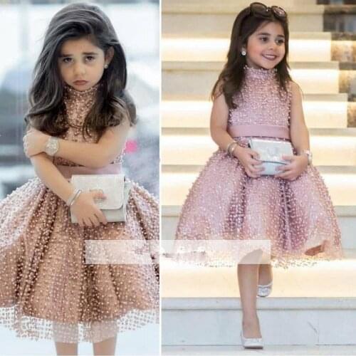 Pink Flower Girl Dresses For Weddings Ball Gown Hig Collar Tulle Pearls First Communion Dresses For Little Girls
