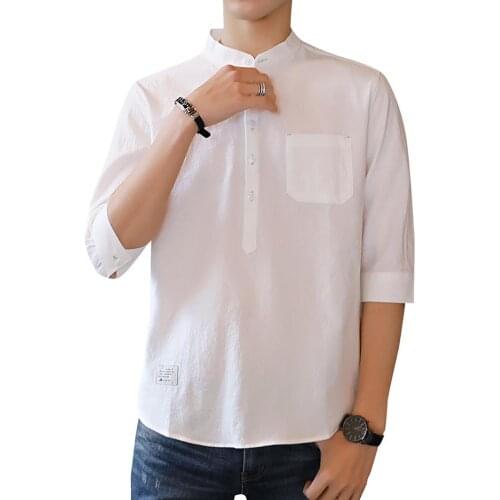 Men shirts Casual Stand Collar Blouse Three-quarter Sleeve Cotton Linen Shirt Male Top men clothing shirts for men chemise homme