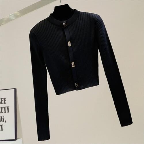 Cropped Knitted Cardigan Women Slim-Fit Short Single-Breasted All-Matching Sweater Coat Lady Chic Top 2021 Spring White Black