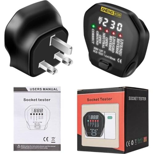 Digital Socket Tester Voltage Test Socket Detector US/UK/EU Plug Live Ground Neutral Phase Meter RCD Test AC09 19QB