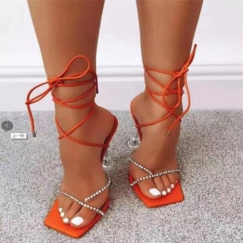 Ladies Fashion Footwear Square head Womens Sexy High Heels Plus Size Sandals Female Cross-Tied Toe Summer Red Party Shoeskm4