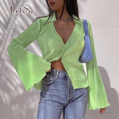 ArtSu Long Sleeve Blouses Green Top Y2K Fashion Single Breasted Blouses Women Casual Tee Shirt Femme Blouses Femme Tops Mujer
