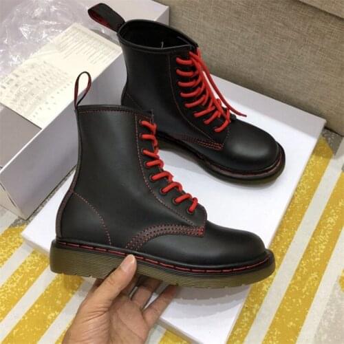 Ins Women Boots Mixed Colors Cross-tied Round Toe Ankle Genuine Leather Flat Bottom Sewing Casual Fashion Short Comfortable Boot