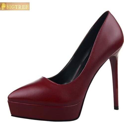 BIGTREE fashion Pointed Toe leather shoes women pumps 12CM thin high heels shallowly pointed waterproofing womens single shoes
