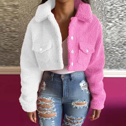 Yellow Blue Color Block Spliced Crop Jackets Women Casual Turn Down Collar Long Sleeve Coat Fall Winter Button Pocket 2021 New