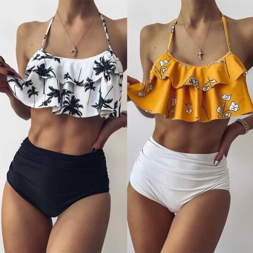 Floral Ruffled Bikinis Push Up Bikini 2021 Hot High Waist Swimsuit Plus Size Tank Swimwear Women Sexy Halter Biquini Two Piece