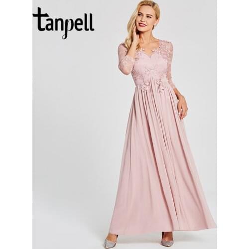 Tanpell appliques long prom dress pink v neck floor length a line gown women long sleeves new wedding party evening prom dresses